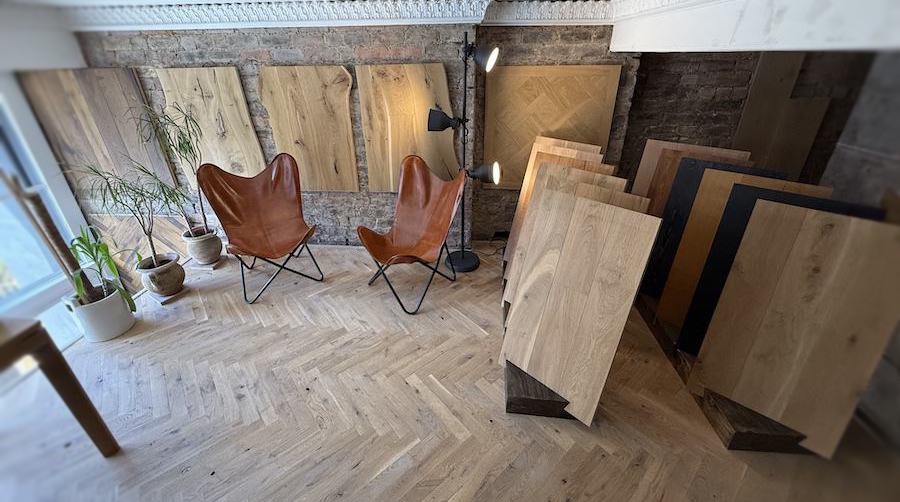 Parquet and wood flooring samples on the showroom first floor